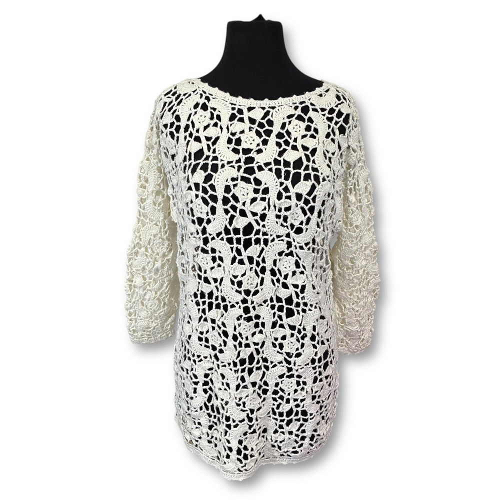 Vintage UEC Express Handknit International Crochet Tunic Top 3/4 Sleeve‎ Size M